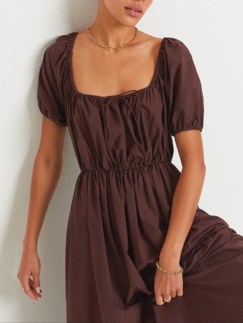 Matteau Chocolate Puff-Sleeve Tiered Dress - Picture 2 of 15